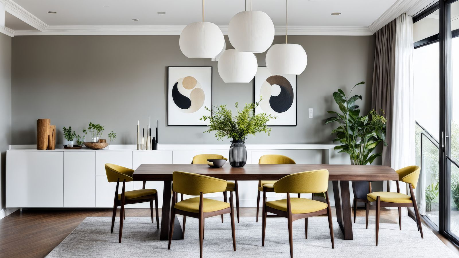 A mid-century modern dining room with a walnut table, mustard upholstered chairs on slim wood legs, white globe pendant lights and two abstract circle prints above a white credenza