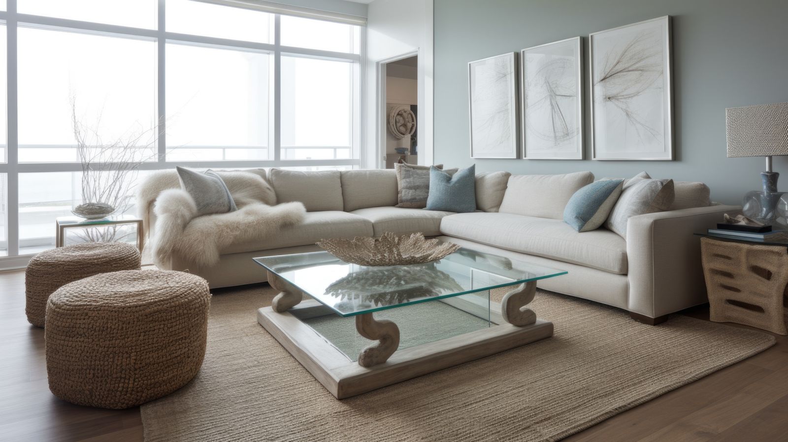 A modern coastal living room with a cream sectional and pale blue pillows, two woven poufs, a glass coffee table, a jute rug and a wall of windows beside blue-gray walls