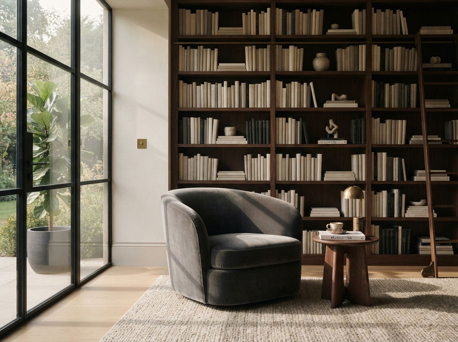A moody modern library with dark wood floor-to-ceiling bookshelves and a ladder, a charcoal velvet swivel chair, a small wood side table and black steel-framed glass doors