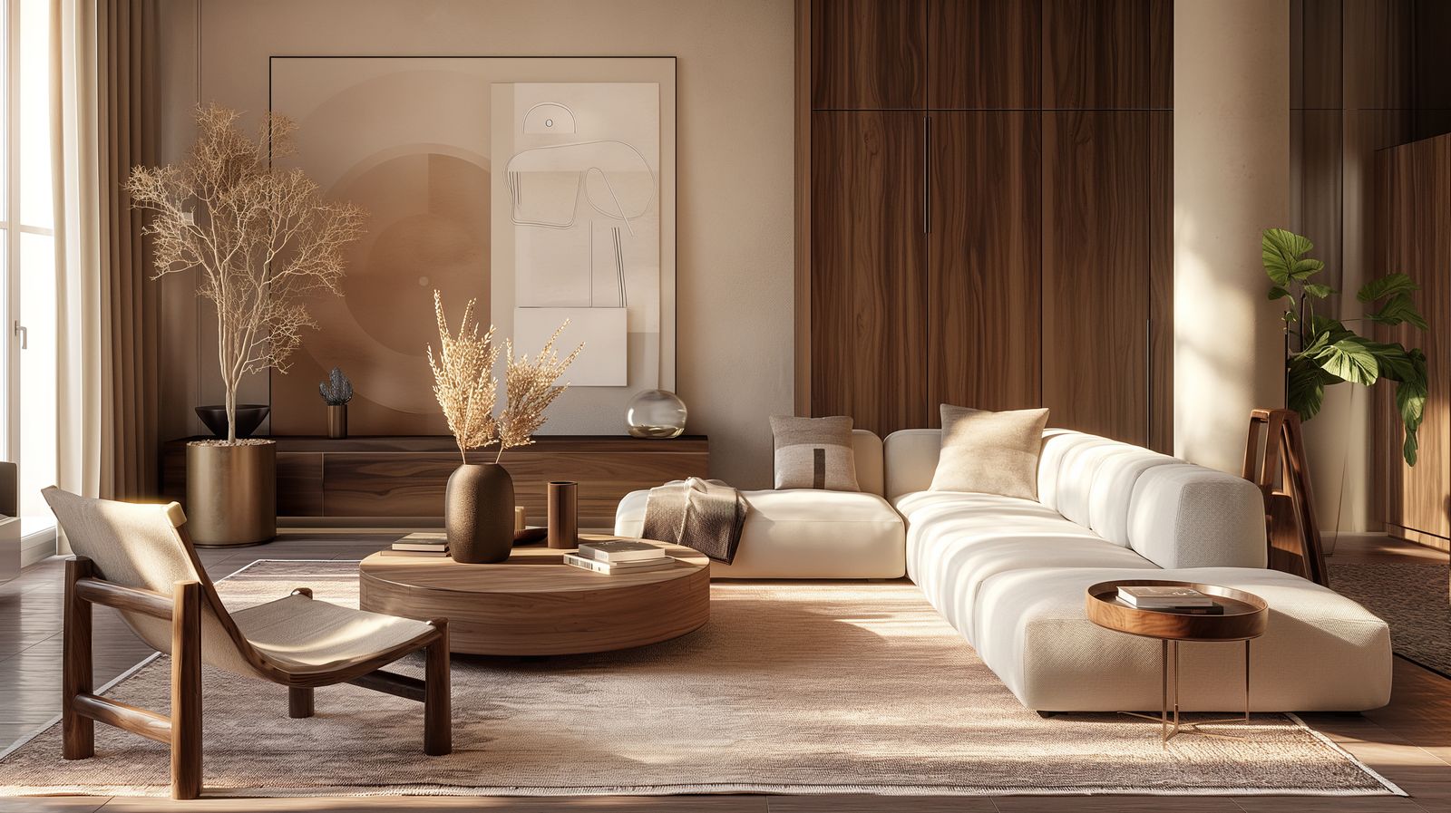 A warm minimalist living room with a low cream modular sofa, walnut wall paneling, a round wood coffee table, a sling lounge chair with a walnut frame and dried branches in a vase