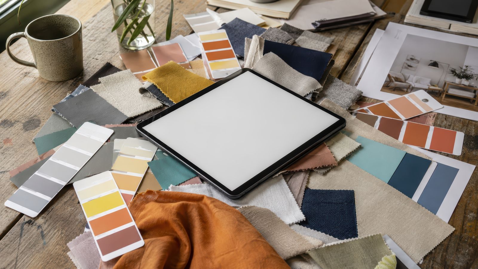 A designer's work table covered with fabric swatches, paint color cards, a tablet, a printed room photo and a mug