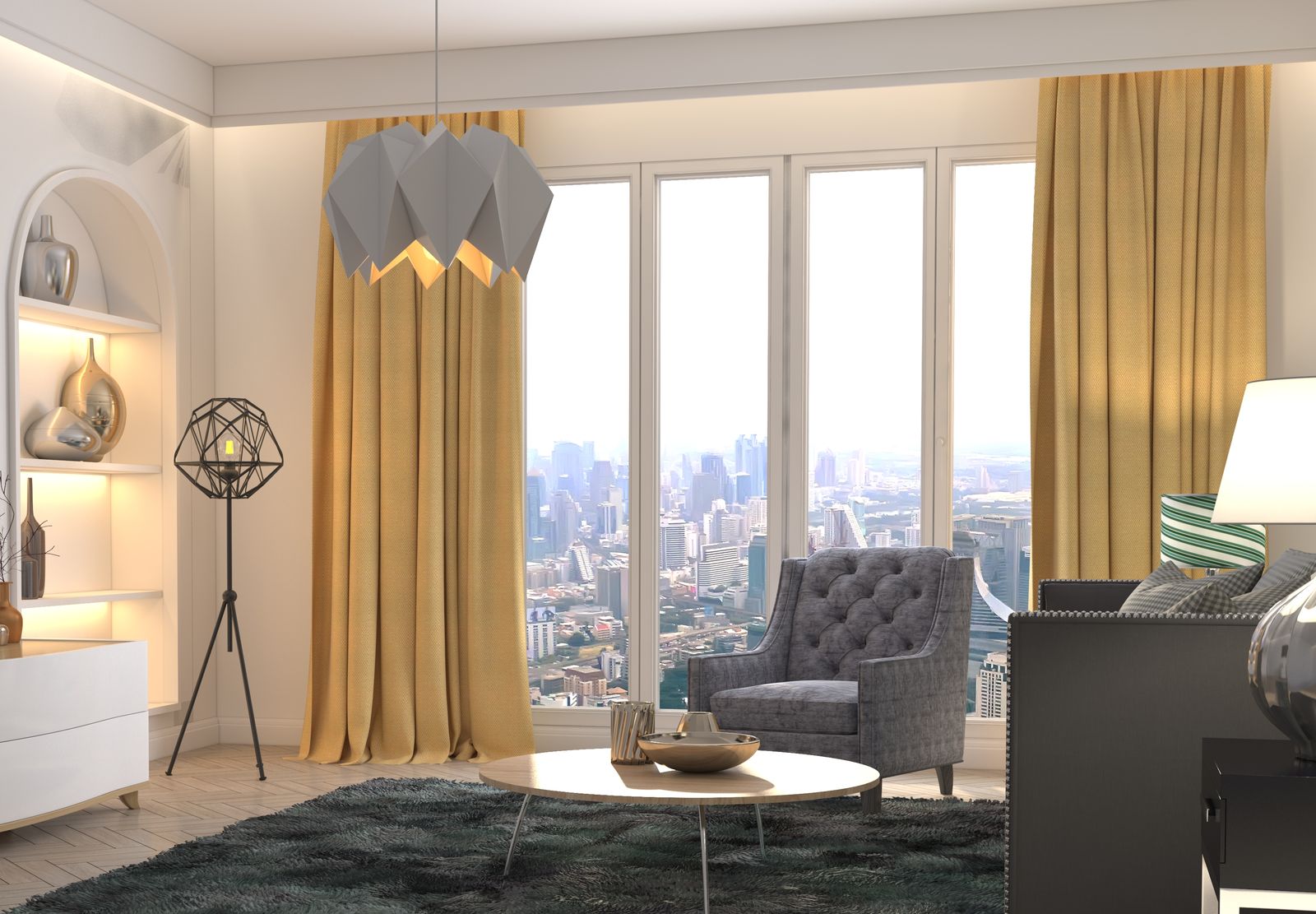 Floor-length mustard curtains hung from just below the ceiling on both sides of a wall of tall windows, with a gray tufted armchair and a round coffee table
