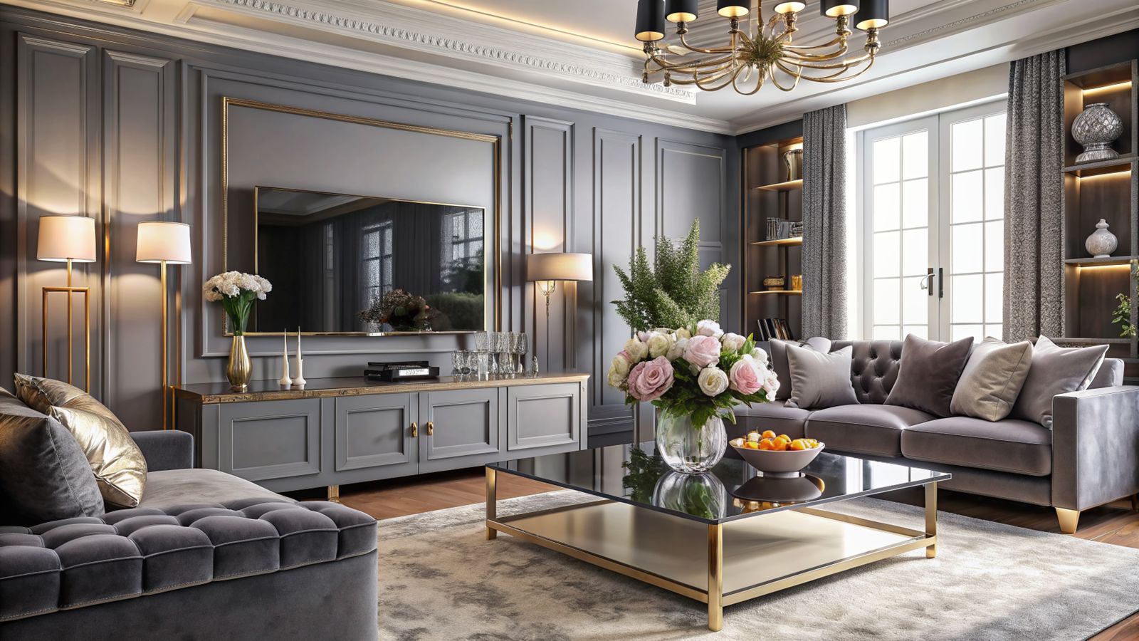 A living room with gray paneled walls, a brass chandelier with black shades, a gold-framed mirror above a gray console, gray velvet sofas and a brass and glass coffee table
