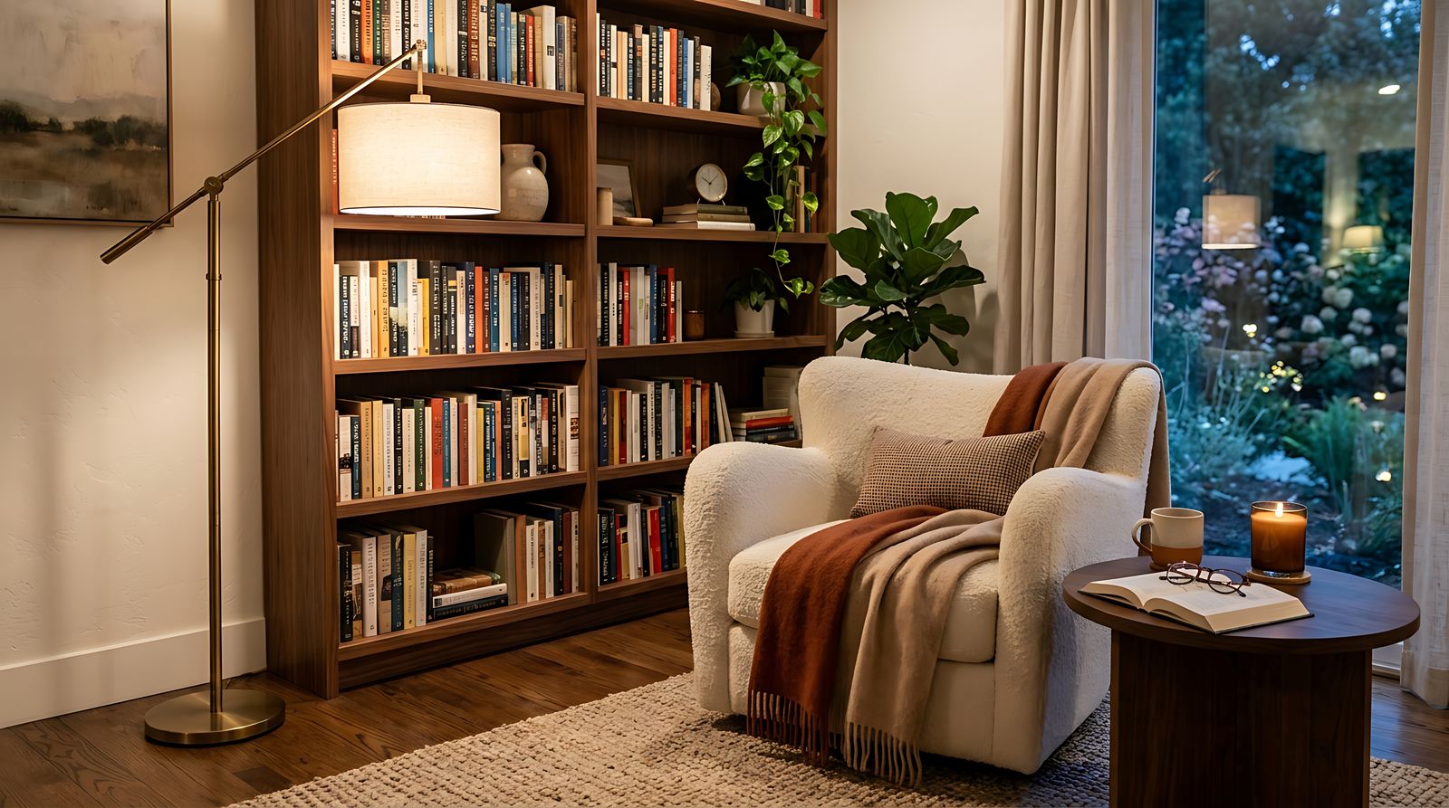 A reading corner with a tall bookcase, an arched floor lamp over a cream armchair, a round side table with a lit candle and a window onto a garden at dusk