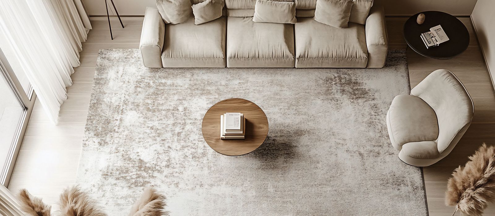 An overhead view of a living room with a large distressed ivory rug under the front of a cream sofa and a lounge chair, with a round wood coffee table at its center