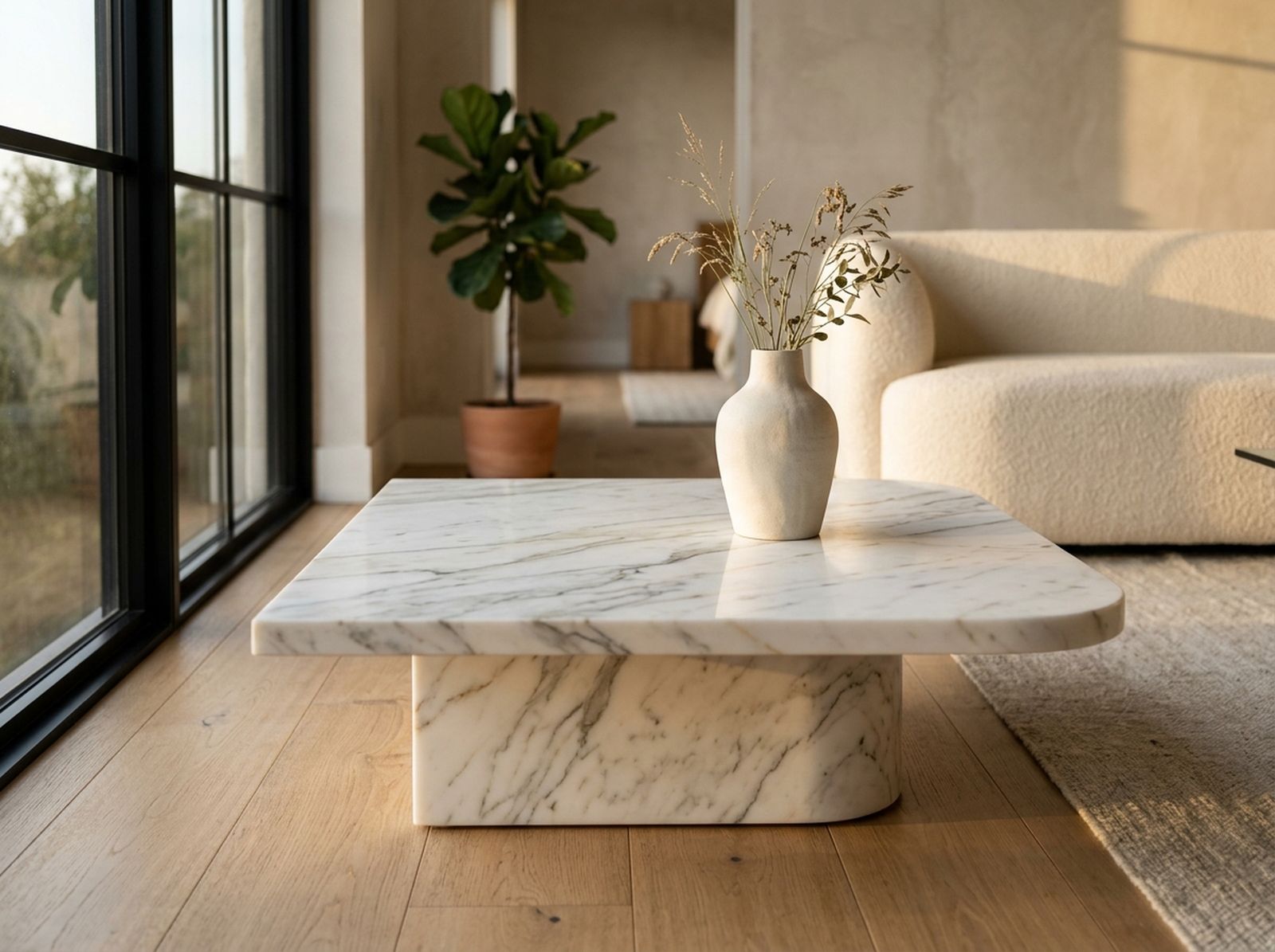 A white marble block coffee table with rounded corners and gray veining on a light oak floor, beside a cream bouclé sofa and a window with black frames