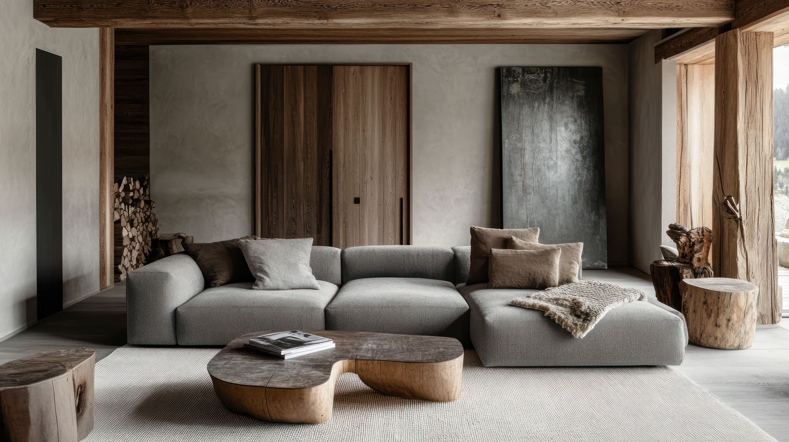 A living room with a deep gray modular sectional, a slab wood coffee table, tree-stump side tables, plaster walls, timber beams and a tall charcoal panel leaning against the wall