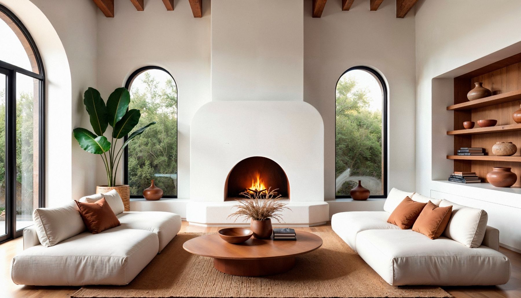 A living room in warm whites with arched windows